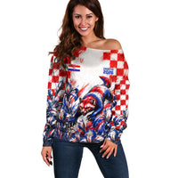 Personalized Croatia Marten Soccer 2026 Off Shoulder Sweater Football Grunge Checkerboard Croatian Iris Floral