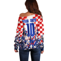 Personalized Croatia Marten Soccer 2026 Off Shoulder Sweater Football Grunge Checkerboard Croatian Iris Floral