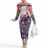 Personalized Croatia Marten Soccer 2026 Off The Shoulder Long Sleeve Dress Football Grunge Checkerboard Croatian Iris Floral
