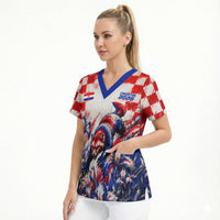Personalized Croatia Marten Soccer 2026 Scrub Top Football Grunge Checkerboard Croatian Iris Floral