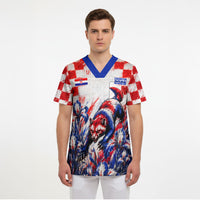 Personalized Croatia Marten Soccer 2026 Scrub Top Football Grunge Checkerboard Croatian Iris Floral