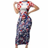 Personalized Croatia Marten Soccer 2026 Short Sleeve Bodycon Dress Football Grunge Checkerboard Croatian Iris Floral