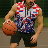 Personalized Croatia Marten Soccer 2026 Sleeveless Zip Hoodie Football Grunge Checkerboard Croatian Iris Floral