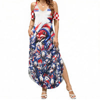 Personalized Croatia Marten Soccer 2026 Summer Maxi Dress Football Grunge Checkerboard Croatian Iris Floral