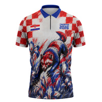 Personalized Croatia Marten Soccer 2026 Zipper Polo Shirt Football Grunge Checkerboard Croatian Iris Floral
