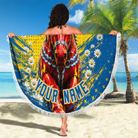 Personalized Sweden Dala Horse Soccer Beach Blanket Grunge Swedish Flag Cheering Fans Floral