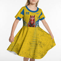 Personalized Sweden Dala Horse Soccer Kid Short Sleeve Dress Grunge Swedish Flag Cheering Fans Floral