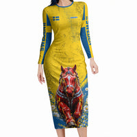 Personalized Sweden Dala Horse Soccer Long Sleeve Bodycon Dress Grunge Swedish Flag Cheering Fans Floral