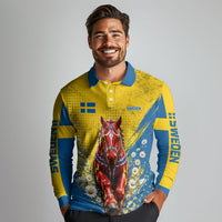 Personalized Sweden Dala Horse Soccer Long Sleeve Polo Shirt Grunge Swedish Flag Cheering Fans Floral