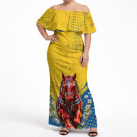 Personalized Sweden Dala Horse Soccer Off Shoulder Maxi Dress Grunge Swedish Flag Cheering Fans Floral