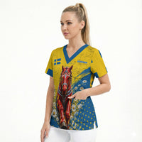 Personalized Sweden Dala Horse Soccer Scrub Top Grunge Swedish Flag Cheering Fans Floral