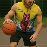 Personalized Sweden Dala Horse Soccer Sleeveless Zip Hoodie Grunge Swedish Flag Cheering Fans Floral