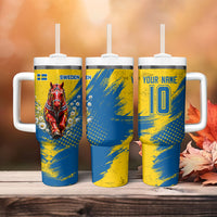 Personalized Sweden Dala Horse Soccer Tumbler With Handle Grunge Swedish Flag Cheering Fans Floral