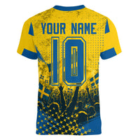Personalized Sweden Dala Horse Soccer Women V-Neck T-Shirt Grunge Swedish Flag Cheering Fans Floral