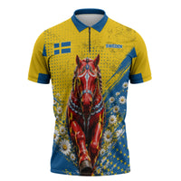 Personalized Sweden Dala Horse Soccer Zipper Polo Shirt Grunge Swedish Flag Cheering Fans Floral