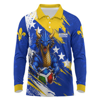 Personalized Bosnia Herzegovina Dragon Soccer Long Sleeve Polo Shirt Bosnian Football Flag Stars Fleur De Lis Grunge
