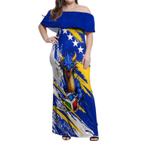 Personalized Bosnia Herzegovina Dragon Soccer Off Shoulder Maxi Dress Bosnian Football Flag Stars Fleur De Lis Grunge