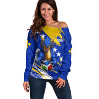 Personalized Bosnia Herzegovina Dragon Soccer Off Shoulder Sweater Bosnian Football Flag Stars Fleur De Lis Grunge