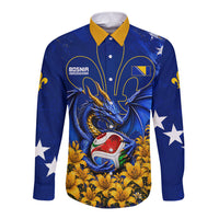 Personalized Bosnia Herzegovina Dragon Soccer Long Sleeve Button Shirt Football Golden Lily Bosnian Flag Cheering Fans