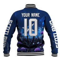 Personalized Scotland Red Lion Soccer Baseball Jacket Scottish Saltire Flag Purple Thistle Cheering Fans
