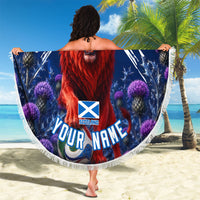 Personalized Scotland Red Lion Soccer Beach Blanket Scottish Saltire Flag Purple Thistle Cheering Fans