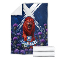Personalized Scotland Red Lion Soccer Blanket Scottish Saltire Flag Purple Thistle Cheering Fans