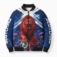 Personalized Scotland Red Lion Soccer Bomber Puffer Jacket Scottish Saltire Flag Purple Thistle Cheering Fans