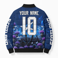 Personalized Scotland Red Lion Soccer Bomber Puffer Jacket Scottish Saltire Flag Purple Thistle Cheering Fans