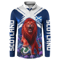 Personalized Scotland Red Lion Soccer Button Sweatshirt Scottish Saltire Flag Purple Thistle Cheering Fans