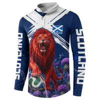 Personalized Scotland Red Lion Soccer Button Sweatshirt Scottish Saltire Flag Purple Thistle Cheering Fans