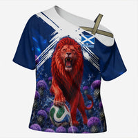 Personalized Scotland Red Lion Soccer Cross Shoulder Shirt Scottish Saltire Flag Purple Thistle Cheering Fans