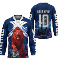 Personalized Scotland Red Lion Soccer Hockey Jersey Scottish Saltire Flag Purple Thistle Cheering Fans
