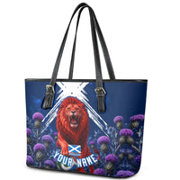 Personalized Scotland Red Lion Soccer Leather Tote Bag Scottish Saltire Flag Purple Thistle Cheering Fans