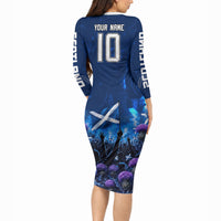 Personalized Scotland Red Lion Soccer Long Sleeve Bodycon Dress Scottish Saltire Flag Purple Thistle Cheering Fans