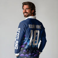 Personalized Scotland Red Lion Soccer Long Sleeve Polo Shirt Scottish Saltire Flag Purple Thistle Cheering Fans