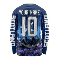 Personalized Scotland Red Lion Soccer Long Sleeve Shirt Scottish Saltire Flag Purple Thistle Cheering Fans