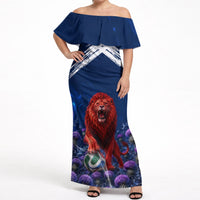 Personalized Scotland Red Lion Soccer Off Shoulder Maxi Dress Scottish Saltire Flag Purple Thistle Cheering Fans
