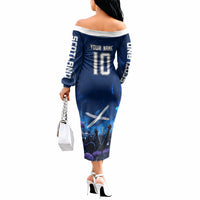 Personalized Scotland Red Lion Soccer Off The Shoulder Long Sleeve Dress Scottish Saltire Flag Purple Thistle Cheering Fans