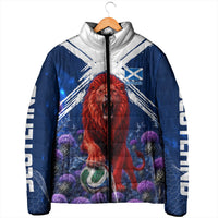 Personalized Scotland Red Lion Soccer Padded Jacket Scottish Saltire Flag Purple Thistle Cheering Fans
