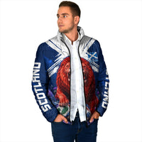 Personalized Scotland Red Lion Soccer Padded Jacket Scottish Saltire Flag Purple Thistle Cheering Fans