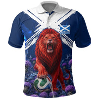 Personalized Scotland Red Lion Soccer Polo Shirt Scottish Saltire Flag Purple Thistle Cheering Fans