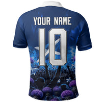 Personalized Scotland Red Lion Soccer Polo Shirt Scottish Saltire Flag Purple Thistle Cheering Fans