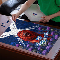 Personalized Scotland Red Lion Soccer Puzzle Scottish Saltire Flag Purple Thistle Cheering Fans