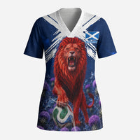 Personalized Scotland Red Lion Soccer Scrub Top Scottish Saltire Flag Purple Thistle Cheering Fans