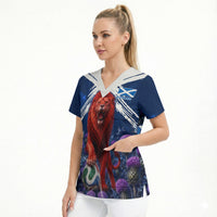 Personalized Scotland Red Lion Soccer Scrub Top Scottish Saltire Flag Purple Thistle Cheering Fans
