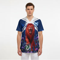 Personalized Scotland Red Lion Soccer Scrub Top Scottish Saltire Flag Purple Thistle Cheering Fans