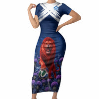 Personalized Scotland Red Lion Soccer Short Sleeve Bodycon Dress Scottish Saltire Flag Purple Thistle Cheering Fans