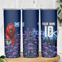 Personalized Scotland Red Lion Soccer Skinny Tumbler Scottish Saltire Flag Purple Thistle Cheering Fans