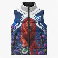 Personalized Scotland Red Lion Soccer Sleeveless Puffer Jacket Scottish Saltire Flag Purple Thistle Cheering Fans