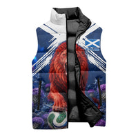 Personalized Scotland Red Lion Soccer Sleeveless Puffer Jacket Scottish Saltire Flag Purple Thistle Cheering Fans